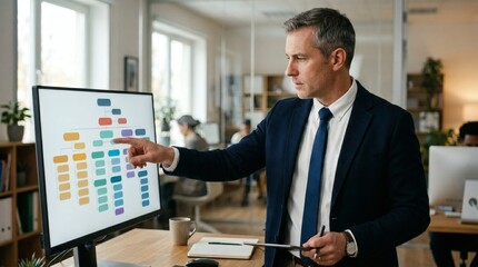 Fototapeta premium A middle-aged businessman in a suit pointing at a colorful project management chart on a computer screen in a modern office.