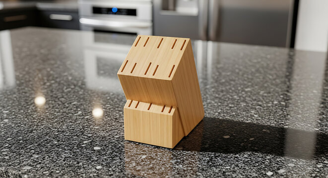Wooden knife block with slots for kitchen organization mockup, blank spaces for text