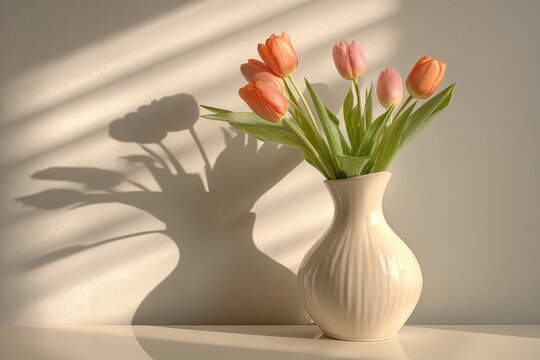 A delicate vase filled with vibrant orange tulips casts a striking shadow against a softly lit wall, creating a serene and artistic still life.
