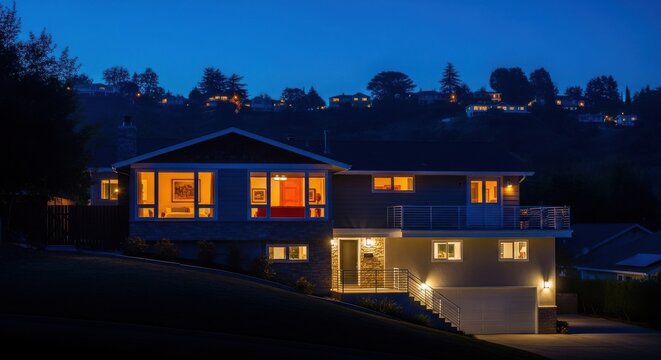 Split Level Residence Illuminated at Night with Warm Interior Lights Showcasing Modern Architecture on Hillside
