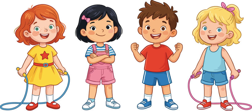 Happy Diverse Children Playing with Jump Ropes CAD Drawing Flat Vector Illustration Set