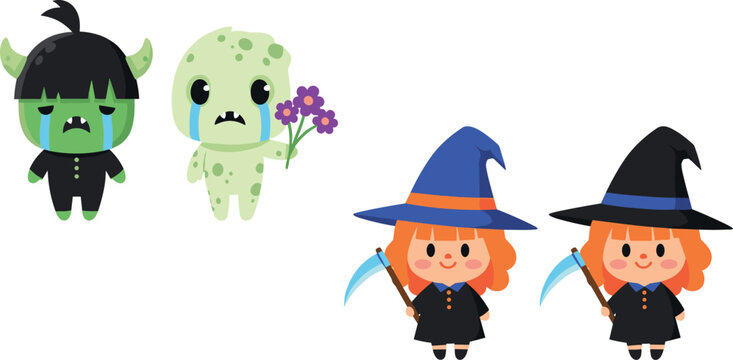 Cute Halloween Character Set Featuring Crying Monsters and Little Witch with Scythe Cartoon Vector Illustration Collection for Kids Festive Designs