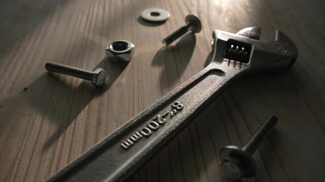 Adjustable wrench with bolts and nuts on wooden surface in sunlight