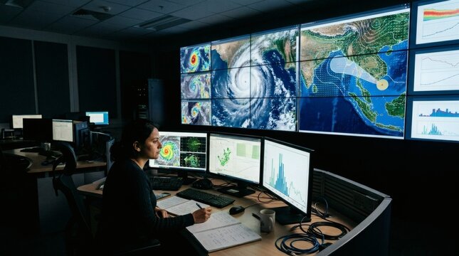 A meteorologist analyzing weather patterns on multiple computer screens in a dark control room
