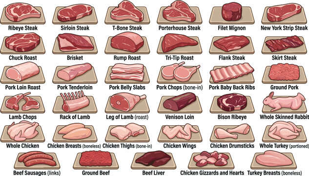 Collection of various meat cuts including beef, pork, poultry, lamb and game, vector illustration isolated on white background