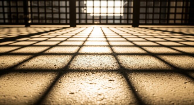 Sunlight Creates Geometric Grid Pattern on Textured Concrete Floor Showing Architectural Shadows and Light