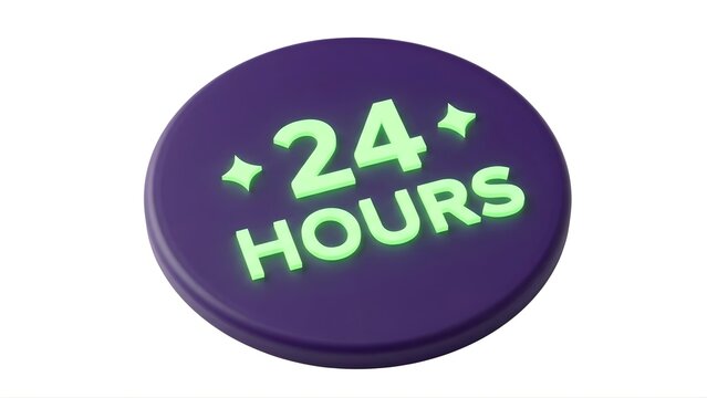 A purple circle with 24 hours written in green on a white background