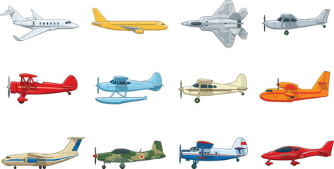Aircraft and airplane collection set, commercial jets, fighter planes, seaplanes, and biplanes flat vector illustration © VectoVerse