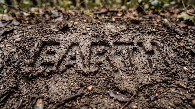 Word Earth imprinted in dark wet mud outdoors in a forest environment
