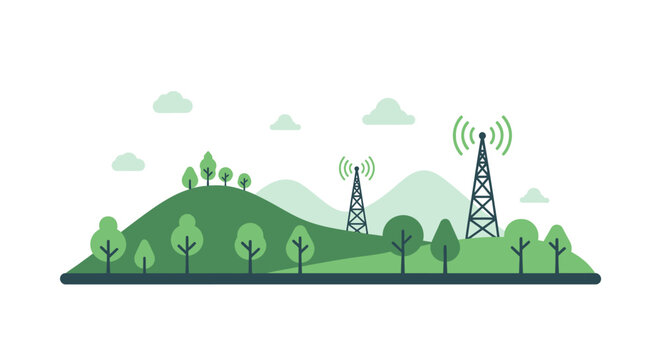 Green hills with communication towers and trees, flat design illustration