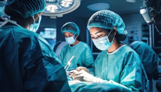 Surgical Team Performing Operation in Operating Room with Bright Lights.