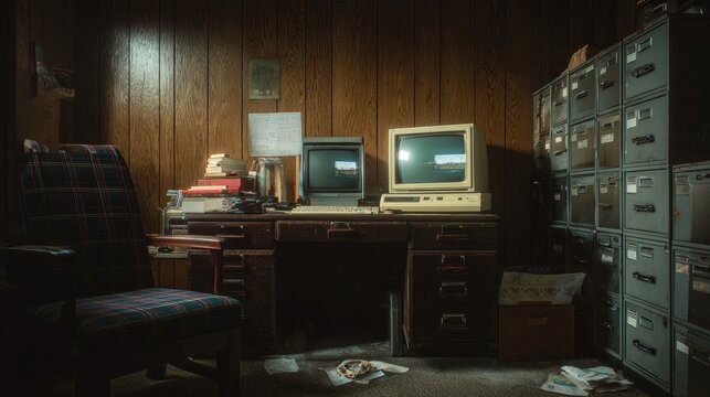 Retro Computer Office Setup with Vintage Technology and Filing Cabinets.