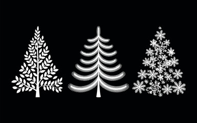 Obraz premium Three illuminated Christmas trees with sparkling white lights against black background, festive holiday decoration concept