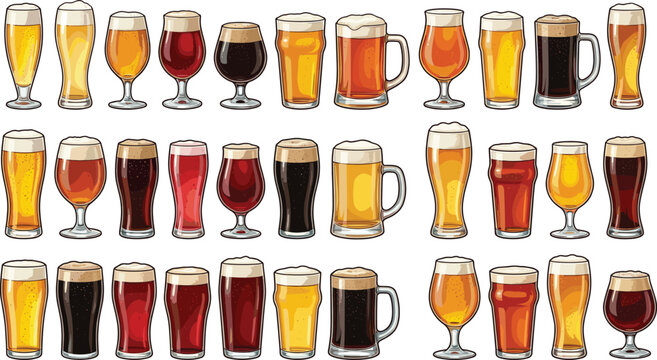 Beer glasses collection with diverse craft ale, lager, stout, and pilsner in flat vector illustration style