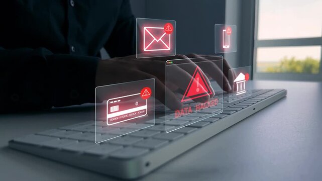 Financial scam concept showing bank card fraud,mobile phone phishing and online payment risk. Security alert, data protection and identity theft warning in digital banking.