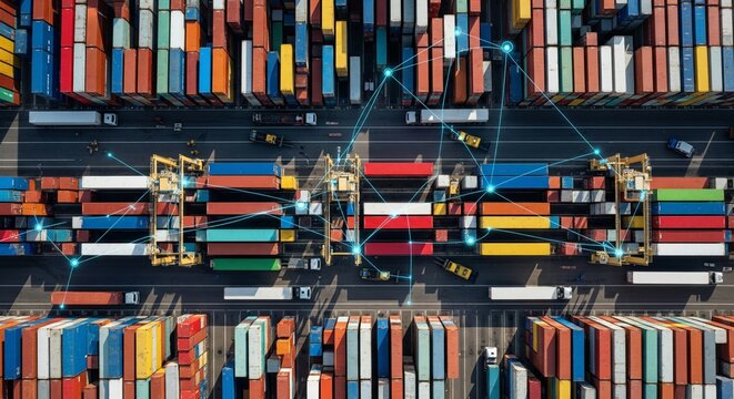 Aerial view of a busy container terminal with logistic network lines connecting shipping containers