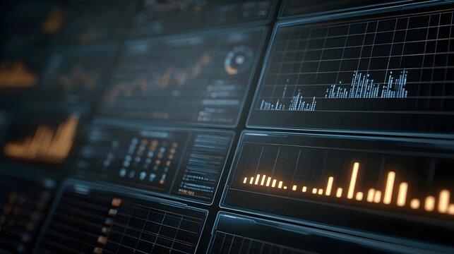 Advanced digital dashboard displaying complex data visualizations graphs and metrics within a futuristic cybersecurity environment