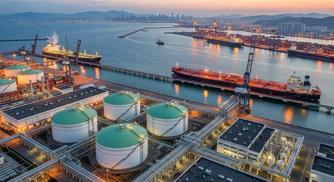 Aerial view of a busy industrial port at dusk with large oil tankers and storage tanks illuminated
