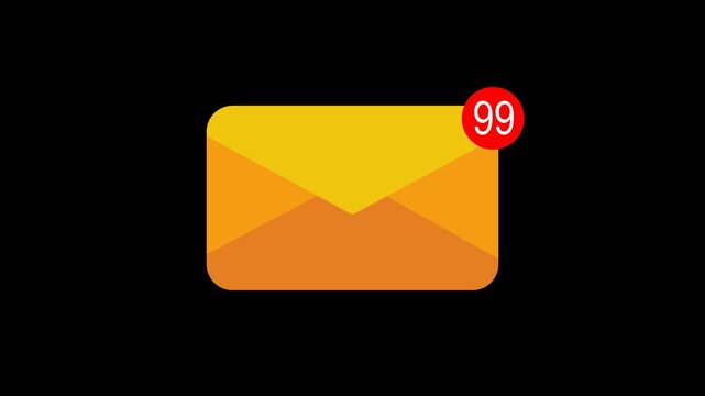 Minimalist, yellow, email, envelope, icon, animation, on, black, background, featuring, a, red, notification, badge, with, ninety-nine, unread, messages, for, digital, communication.
