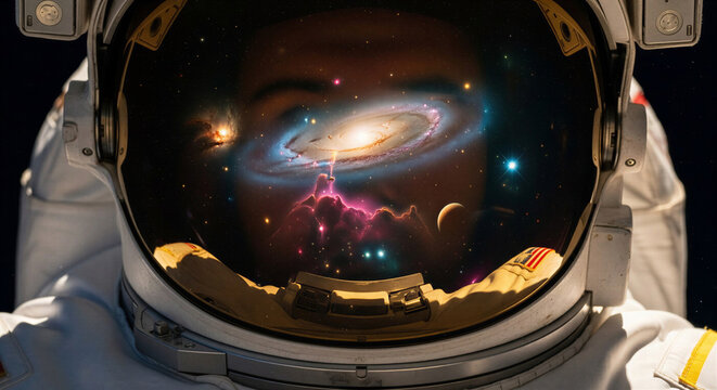 Astronaut reflecting galaxy and cosmic scene in helmet visor - concept International Space Day