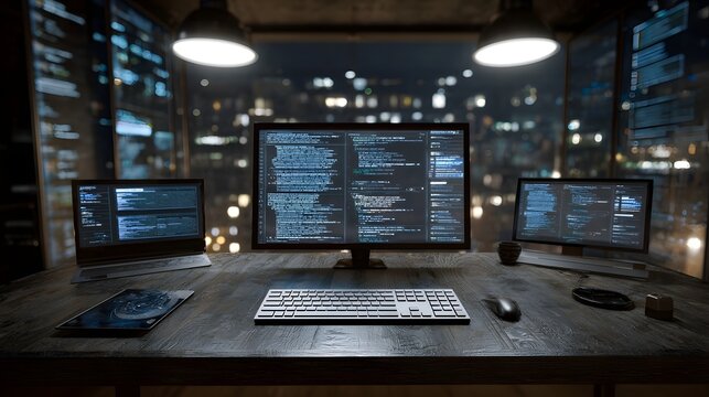 Multiple screens displaying complex lines of code on a wooden desk against a dark backdrop with an illuminated cityscape