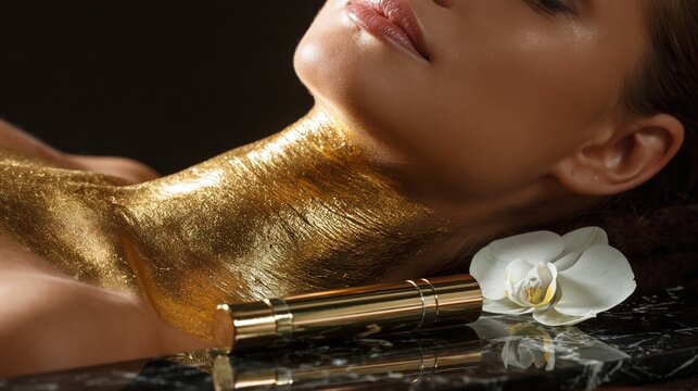 A luxury gold firming neck mask application.