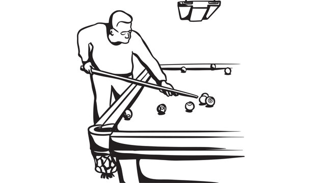 Man playing billiards at a pool table with cue stick and balls in a line drawing style featuring striker, pocket, game with sport and leisure