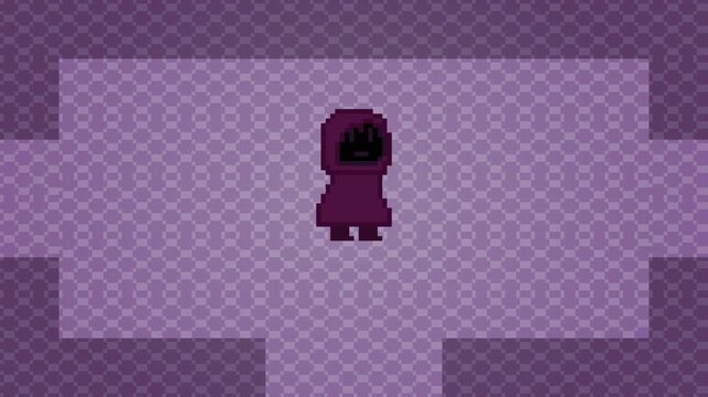 Pixel art animation of a purple wizard walking and fighting in a dungeon.