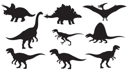 Dinosaur silhouette set with black prehistoric reptiles in roaming poses and flying creature outlines © Harry 