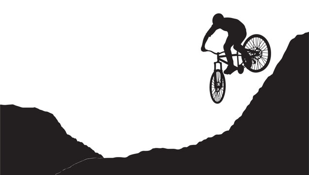 Bicycle rider silhouette jumping over mountain road with wheels and dynamic motion in monochrome vector style background