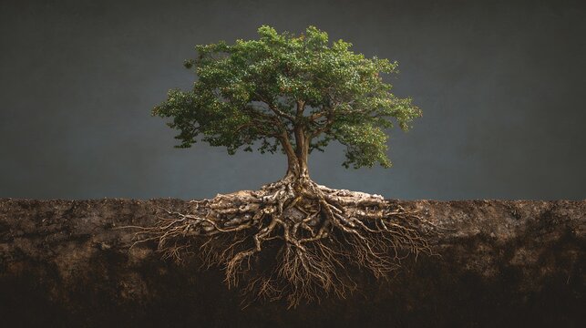 Conceptual cross section of a tree with visible roots and soil profile.