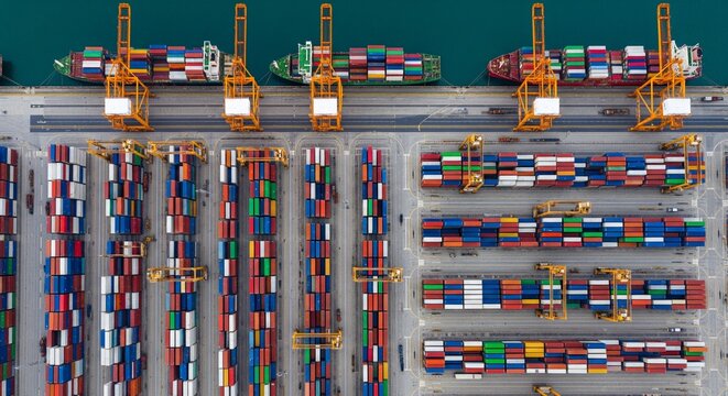 Aerial View of a Busy Shipping Port with Cargo Ships and Cranes Loading and Unloading Shipping