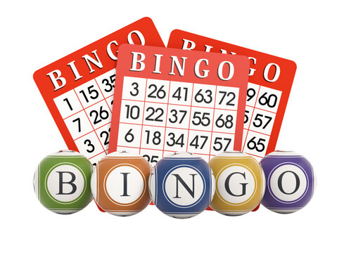 Bingo balls and cards isolated on transparent background. 3D illustration