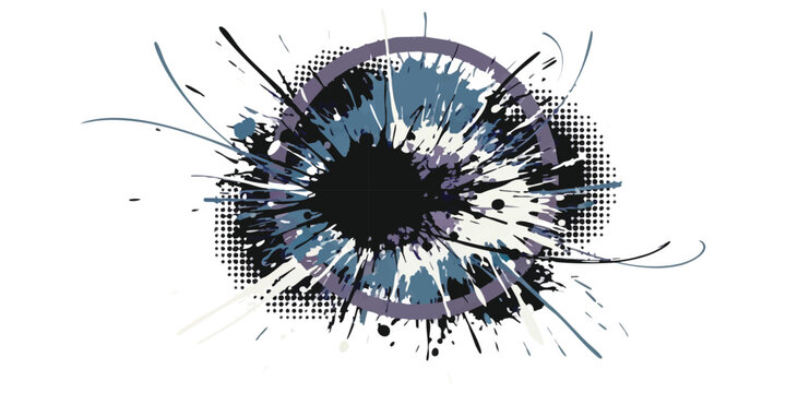 Abstract circular frame with black ink splatter paint splashes and halftone dot pattern design element