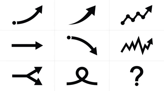 Minimalist black arrow icon set, business growth and financial trend symbols, 9 vector graphic elements for data visualization and progress tracking