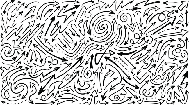 Black and white illustration of chaotic arrows and swirls