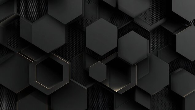 A striking abstract composition features a complex arrangement of black hexagonal and cuboid shapes with subtle gold accents, creating a modern and geometric visual texture.