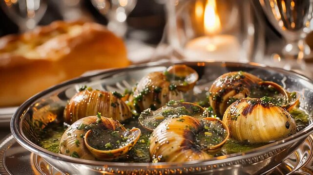 Elegant serving of escargot in garlic herb butter on a silver plate in a fine dining restaurant setting
