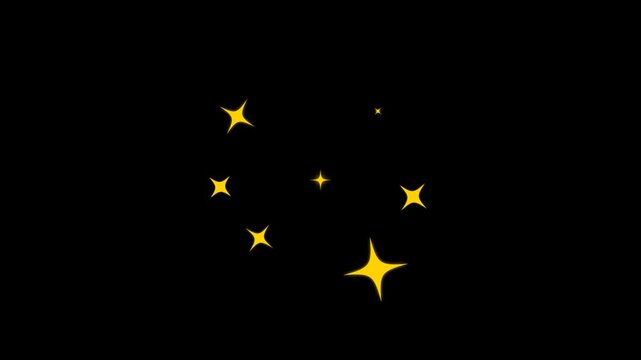 Minimalist animation of golden yellow sparkles and four-pointed stars on black background, perfect for magic, success, awards, and celebration-themed video overlays.

