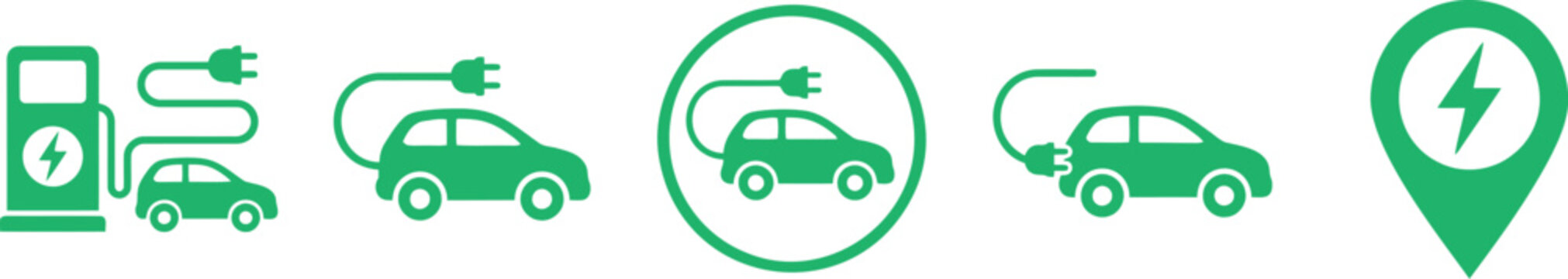 Green electric vehicle charging icons on for eco friendly transportation