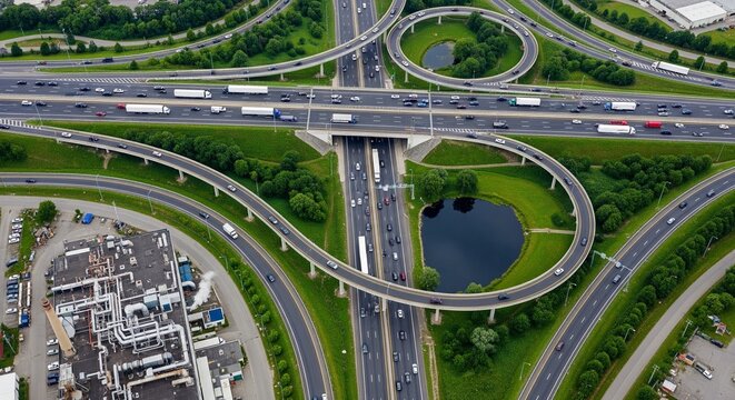 Aerial view of a complex highway interchange with multiple levels and curved ramps surrounded