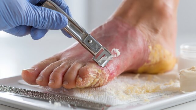A professional pedicure callus removal blade treatment. Concept of debridement.
