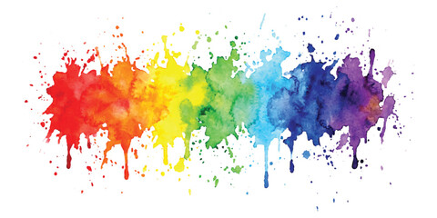 Fototapeta premium Bright rainbow watercolor paint splashes and ink drips arranged in a horizontal row for artistic design