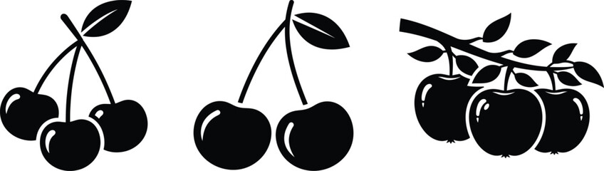 Black silhouette icons of fresh cherries and apples hanging on branches © Progotibd303