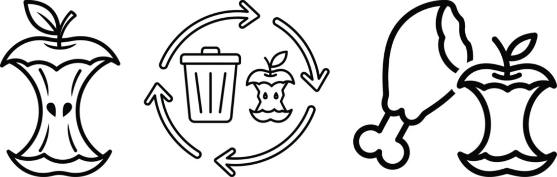 Set of food waste icons featuring an apple core and a meat bone for garbage and recycling concepts