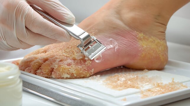 A professional pedicure callus removal blade treatment. Concept of debridement.