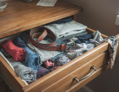 High-angle close-up of an open wooden dresser drawer, meticulously organized with neatly rolled t-shirts, folded socks, and a brown leather belt in a bedroom setting with natural light