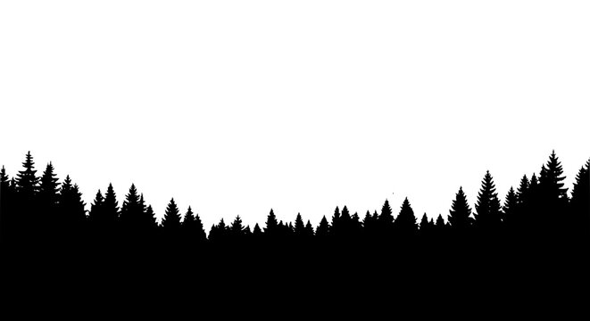 Black pine forest tree line silhouette isolated on white background with copy space