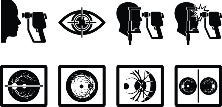 Ophthalmology Eye Exam and Retinal Scan Vector Icon Set for Medical Clinics, Optometry Education & Healthcare Brochures (EPS)