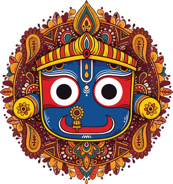 Colorful Lord Jagannath mask illustration with traditional ornate paisley circular background